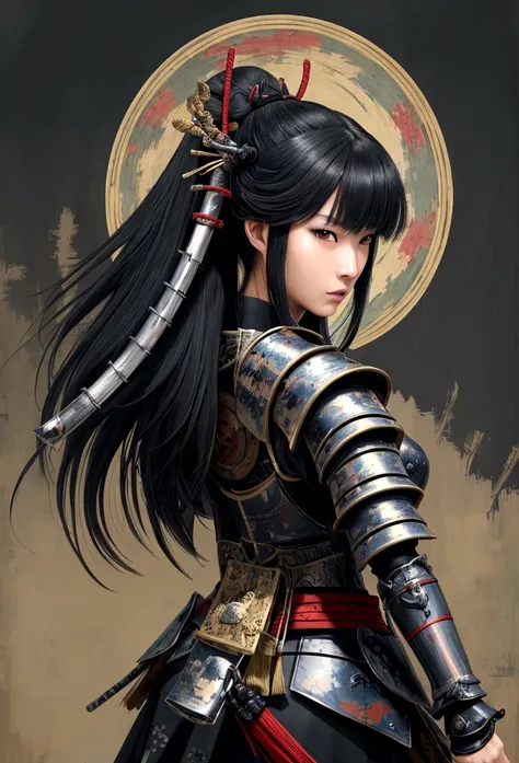 a picture of japanese female knight, she has long black hair, wearing samurai armor, armed with a katana, ready for battle, ((sh...