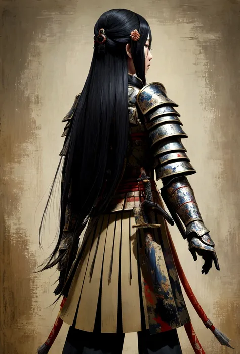 a picture of japanese female knight, she has long black hair, wearing samurai armor, armed with a katana, ready for battle, ((sh...