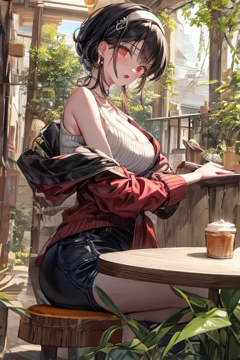 masterpiece, yor, 1girl, Amazing Cleavage:1.3, thin waist, big ass, Raised sexy, medium breast: 1.8 posed cleavage:1.2、solo, looking at viewer, open mouth, have a cup of coffee,black hair, red eyes, dress, bare shoulders, jewelry, collarbone, sidelocks, ha...