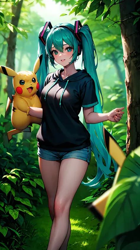 uhd, absurdres, cowboy shot 1girl, hatsune miku, bare legs, hoodie, short sleeves, in a bright forest, ((with a pikachu))