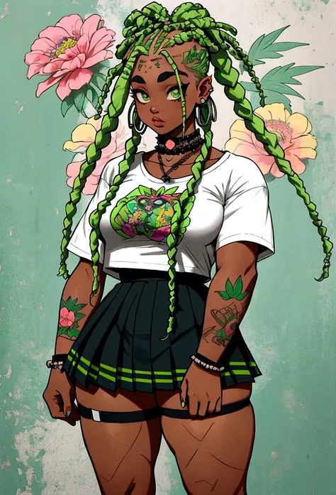 punk afro chubby girl with long freeform braided pastel green locs hairstyle and hairy legs)) (wearing cropped punk T-shirt and pleated skirt with fishnet stockings), plump thighs and soft big jiggly butt, (wearing diamond choker necklace), (cannabis flowe...