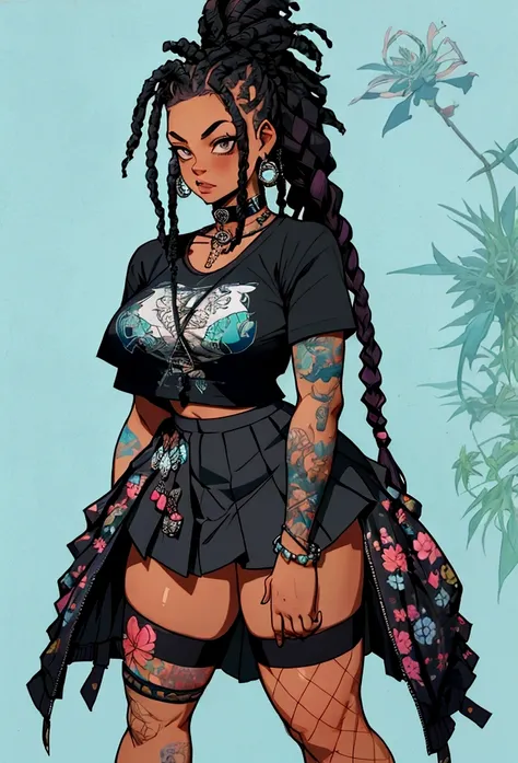 punk afro chubby girl with long freeform braided eletric blue locs hairstyle and hairy legs)) (wearing cropped punk T-shirt and pleated skirt with fishnet stockings), plump thighs and soft big jiggly butt, (wearing diamond choker necklace), (cannabis flowe...