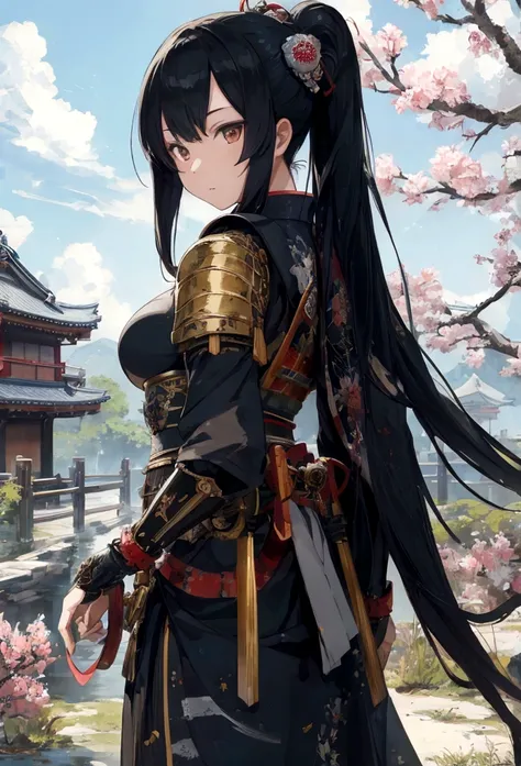 a japanese art picture of japanese female knight, she has long black hair, wearing samurai armor, armed with a katana, ready for...