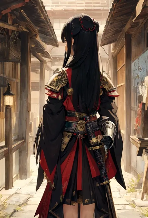 a japanese art picture of japanese female knight, she has long black hair, wearing samurai armor, armed with a katana, ready for...