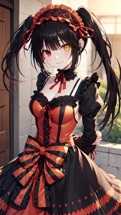 masterpiece, The best quality、street、Put your arms behind your back、Black Hair, Long twin tails bunches, (Yellow eyes:1.2), Heterochromia iridum, (Red Eyes:1.2),Tokisaki Kurumi、Smile,Gothic Lolita Clothing Accessories、victorian maid tiara、Black Ribbon、Shut...