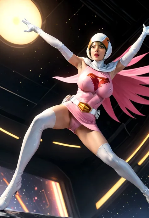 A girl in pink Gatchaman costume, long boots, long gloves, standing, one leg up, detailed face, H3JTS, giga_busty, best quality, 4k, 8k, highres, masterpiece:1.2, ultra-detailed, realistic, photorealistic, photo-realistic:1.37, HDR, UHD, studio lighting, u...