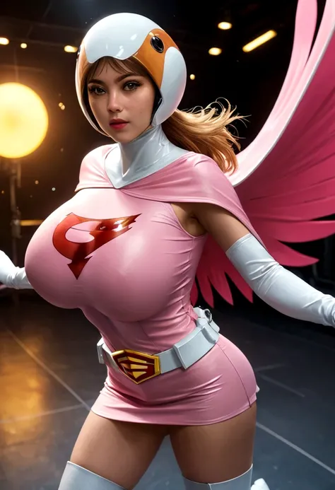 A girl in pink Gatchaman costume, long boots, long gloves, standing, one leg up, detailed face, H3JTS, giga_busty, best quality, 4k, 8k, highres, masterpiece:1.2, ultra-detailed, realistic, photorealistic, photo-realistic:1.37, HDR, UHD, studio lighting, u...