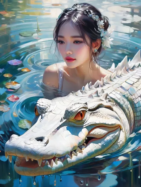 a women, white crocodile, lake, Colorful colors, surrounded by water bubbles, in the style of Kawacy, Masterpiece, Oil painting drawn in realis style, head close - up, exaggerated perspective, Tyndall effect, water drops, mother - of - pearl iridescence, H...