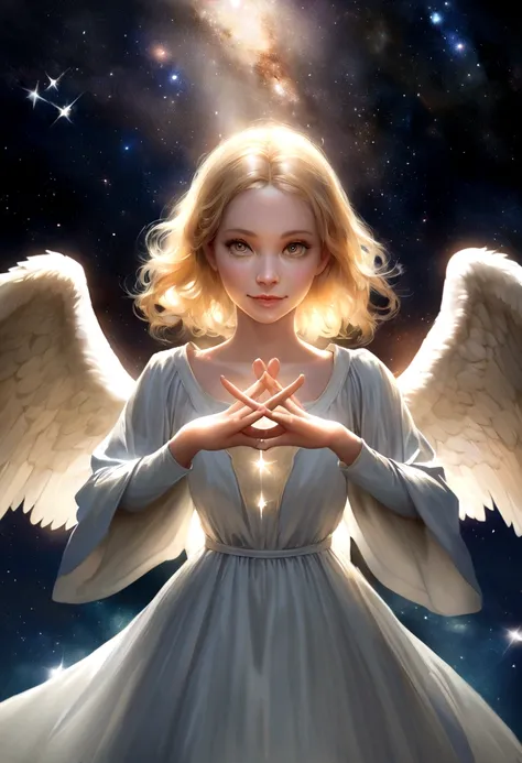 from the front, Look directly at the viewer, From above:1.2,   Angel, A kind smile, Big eyes, blonde, A neat dress with sleeves that hide the chest, Angel wings on the back, Space background with lots of shining stars, Prayer-like pose, Realistic