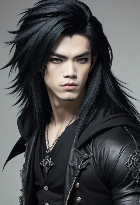 Japanese boy gothic style, de roupa preta, cabelo preto liso, pelo realista, adulto, olhos azuis , Muscles.