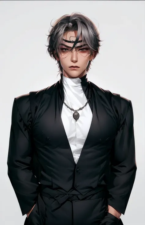 (masterpiece,best quality,ultra_detailed,highres,absurdres),1boy, solo, white hair,chain, shirt, grey eyes, upper body, vest, short hair, looking at viewer, round eyewear, long sleeves, neck tattoo, hand on own shoulder,  brown vest, monocle, jewelry (look...