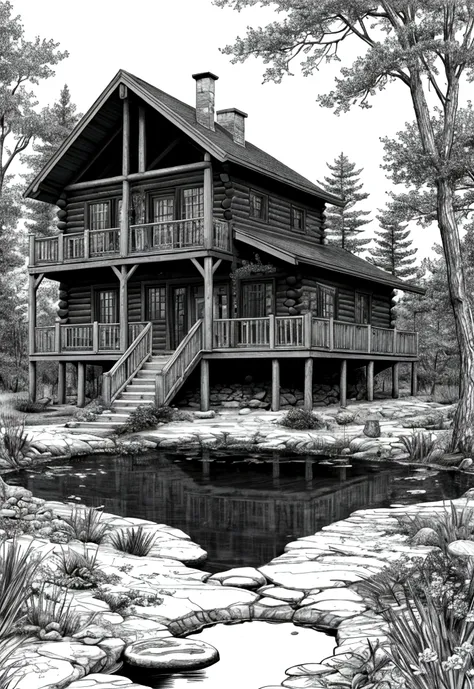 a drawing of a cabin in the woods with a pond and birds flying around, highly detailed illustration.”, very detailed illustration, highly detailed linework, highly detailed illustration, beautiful detailed illustration, clean ink detailed line drawing, ful...