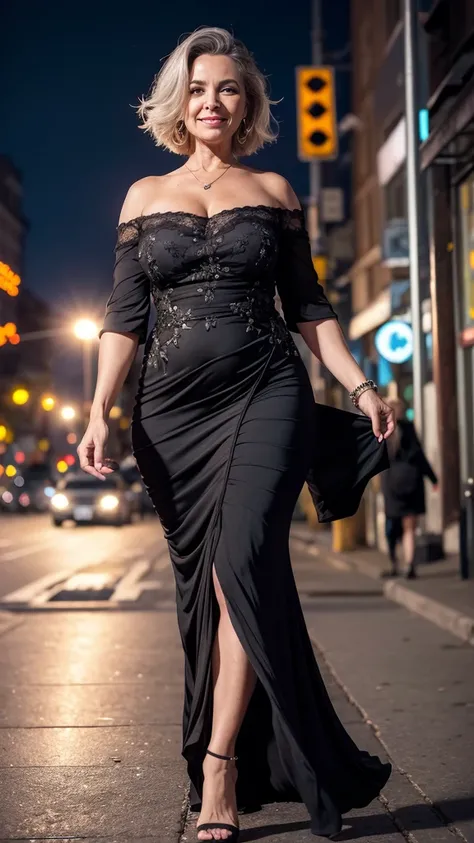 Realistic portrait of a mature woman, 60 years old, wearing a black elegant dress flower motif . Location of street city night views background. She should have a natural appearance, curvaceous forms, blue eyes, gray hair, smile. Shoot this image in high r...