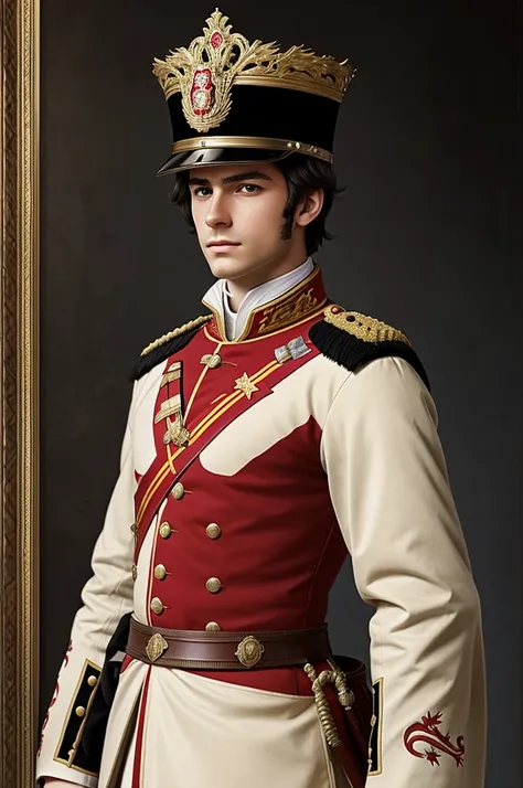 Create a concept art of an anime character of a 20 year old Spanish king in Austrian uniform from 1830 with Austrian guard helmet 1914