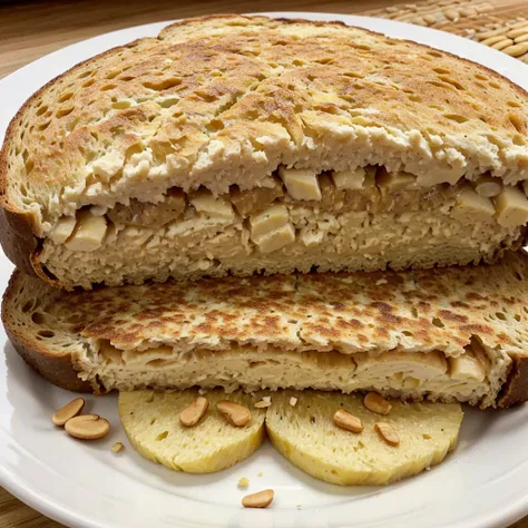 ultra realistic close up image of a round white plate with 1 whole omelet, three slices of whole grain bread a sliced ​​medium banana and a tablespoon of peanut butter
