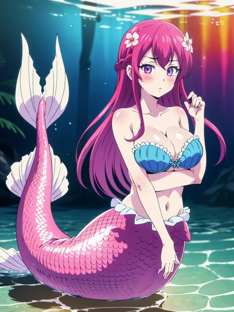 Mermaid, underwater sea, long mermaid tail below waistline, fins ears, red fish scales on skin, underwater, gigantic breasts, bra, skirt, 1girl, solo, long hair, blush, hair ornament, hair between eyes, purple eyes, pink hair, braid, hair flower, cute, loo...