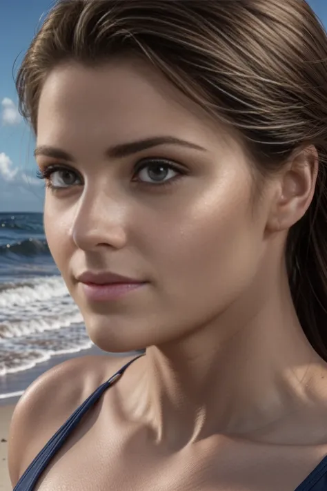 photorealistic upper body ;Une belle femme de 35 anS ,au yeux marron clair regard perçant illuminé par la lumière du soleil .The background should be realistic beach. Capturez cette image avec une photographie haute résolution utilisant  une perspective fl...