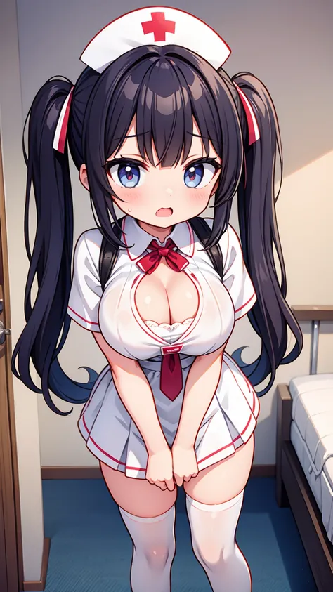 masterpiece, best image quality, ultra high resolution, teenage girl with big breasts, twin tail hairstyle, black hair, red face, shyly, mock, Open your mouth just a little, A short-sleeved white nurse uniform that shows the cleavage of a teenage girl, whi...