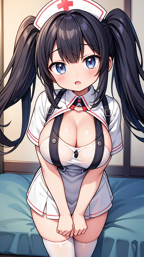 masterpiece, best image quality, ultra high resolution, teenage girl with big breasts, twin tail hairstyle, black hair, red face, shyly, mock, Open your mouth just a little, A short-sleeved white nurse uniform that shows the cleavage of a teenage girl, whi...