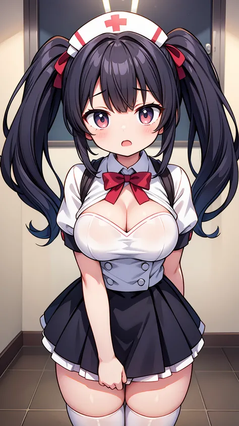 masterpiece, best image quality, ultra high resolution, teenage girl with big breasts, twin tail hairstyle, black hair, red face, shyly, mock, Open your mouth just a little, A short-sleeved white nurse uniform that shows the cleavage of a teenage girl, whi...