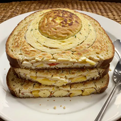 ultra realistic close up image of a round white plate with 1 whole omelet, three slices of whole grain bread a sliced ​​medium banana and a tablespoon of peanut butter
