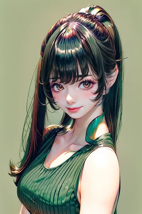 ((Classic blunt bangs:1.1)),Blunt Bangs Hairstyles, blunt bangs round face, Blunt bangs korean, aesthetic korean bangs,  Blunt Cut Bangs Straight Long Hair,((High Ponytail:1.5)),(((Blunt bangs,Straight bangs:1.1))),(((Very long dark green hair, Ridiculousl...