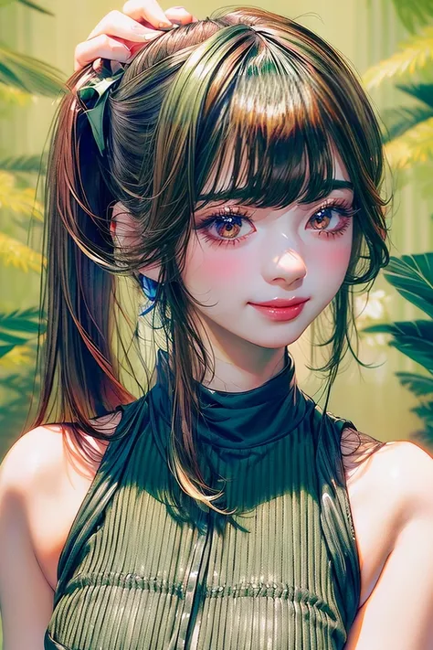 ((Classic blunt bangs:1.1)),Blunt Bangs Hairstyles, blunt bangs round face, Blunt bangs korean, aesthetic korean bangs,  Blunt Cut Bangs Straight Long Hair,((High Ponytail:1.5)),(((Blunt bangs,Straight bangs:1.1))),(((Very long dark green hair, Ridiculousl...