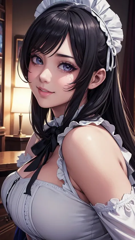 NFSW, Beautiful detailed portrait of a girl with big eyes, Fuller lips, Smiling Kindly, Long eyelashes,  Maid clothesを着て, tihn fabric clothing, In sensual poses, (highest quality,4K,8k,High resolution,masterpiece:1.2),Super detailed,(Realistic,photoRealist...