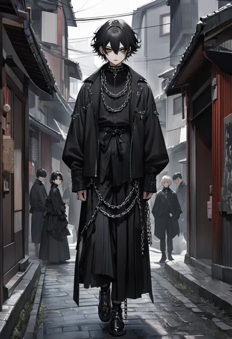 japanese boy gothic style, de roupa preta, cabelo preto liso, pelo realista, adulto, olhos azuis, chains on the neck, andando na...