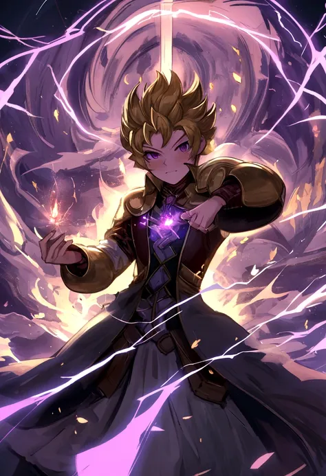 estilo anime, homem jovem, the purple spell on the left hand, sparks around you, personagem detalhado, detalhes intrincados