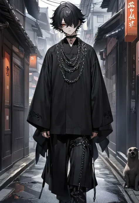 japanese boy gothic style, de roupa preta, cabelo preto liso, pelo realista, adulto, olhos azuis, chains on the neck, andando na...