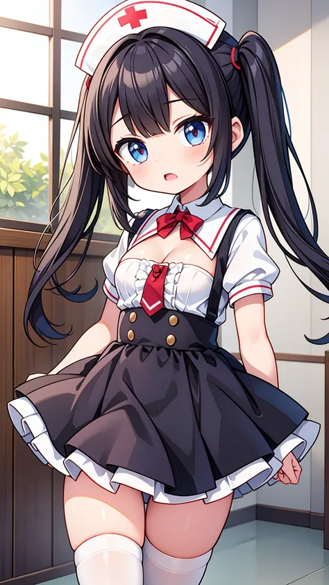 masterpiece, best image quality, ultra high resolution, (loli girl with small breasts), twin tail hairstyle, black hair, red face, shyly, mock, Open your mouth just a little, (A short-sleeved white nurse uniform that shows the cleavage of a loli girl), (wh...