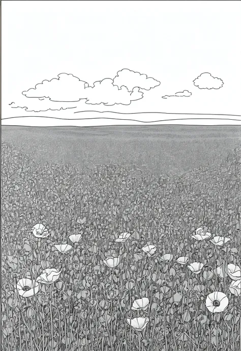 grey and white only, Book page coloring art, All-white background, Use only outlines, line art, coloring book, Clean line art, For coloring Simple and clean line art, coloring book page, perfect symmetric details, Field of Poppies: A vibrant field of red p...