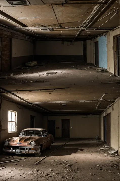 An abandoned basement with classic cars from the 1950s to 1970s