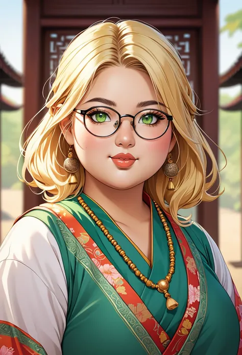 chubby girl, Blonde with green eyes, hair just above shoulders without bangs, round facial features, glasses Oriental clothing, Indian clothing style