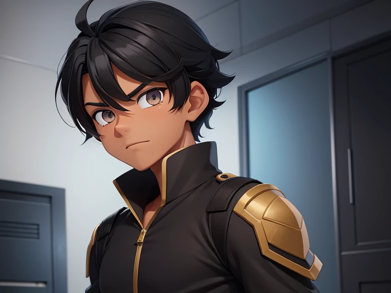 Age: 15 years old
Gender: He is a man.
Hair: Black hair.
Skin color: Lightly tanned skin
Eye color: eyes with brown irises.
Height: Height 1.64 meters
Appearance: Happy and innocent but also serious.
Aura: Black
Straight hair