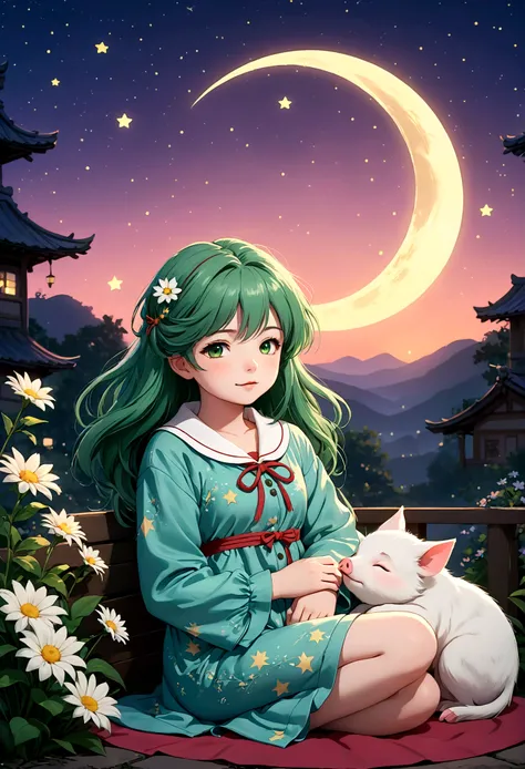 anime character，Woohoo，green hair，shirt collar,anime character，Woohoo，green hair，shirt collar, "In a magical nighttime setting illuminated by the soft glow of the crescent moon, a beautiful and cute girl is dozing off. She is seated cross-legged on the gro...