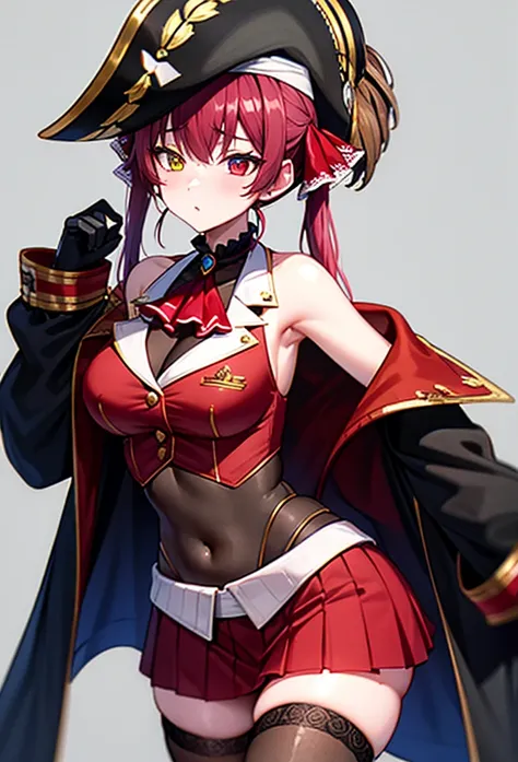 houshouBase, heterochromia, red eyes, yellow eyes, twintails, long purple hair, hair ribbon, large breasts, white gloves, frilled choker, red ascot, leotard, leotard under clothes, red jacket, cropped jacket, sleeveless jacket, black coat, off shoulder, bi...