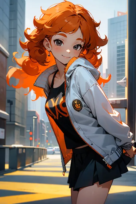 1female, orange hair, curly hair, black eyes, smiling, happy expression, casual clothing, skirt, tanktop, jacket, city background, detailed background, standing on path, hands to side