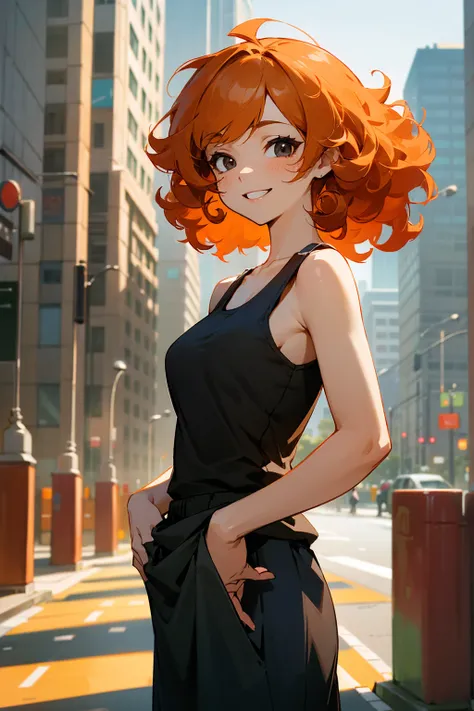 1female, orange hair, curly hair, black eyes, smiling, happy expression, casual clothing, skirt, tanktop, jacket, city background, detailed background, standing on path, hands to side