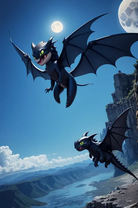 Create toothless flying with a blue moon behind 