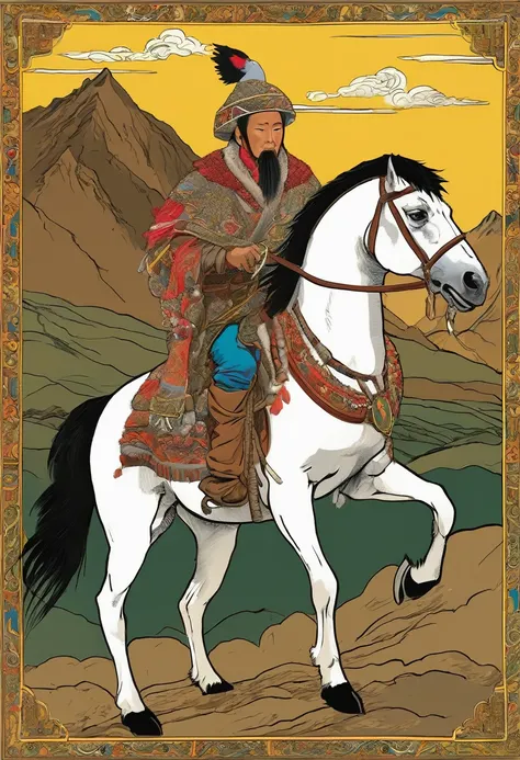 Mongol hunter, attired in a thick fur coat and hat crafted from animal pelts suitable for cold climates, is depicted. The coat is likely sheepskin, providing insulation, while the hat is adorned with distinctive red plumage. The hunter carries a large gold...