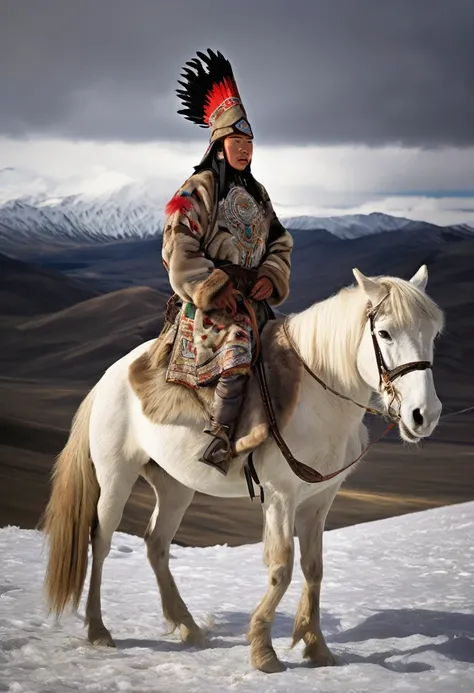 Mongol hunter, attired in a thick fur coat and hat crafted from animal pelts suitable for cold climates, is depicted. The coat is likely sheepskin, providing insulation, while the hat is adorned with distinctive red plumage. The hunter carries a large gold...