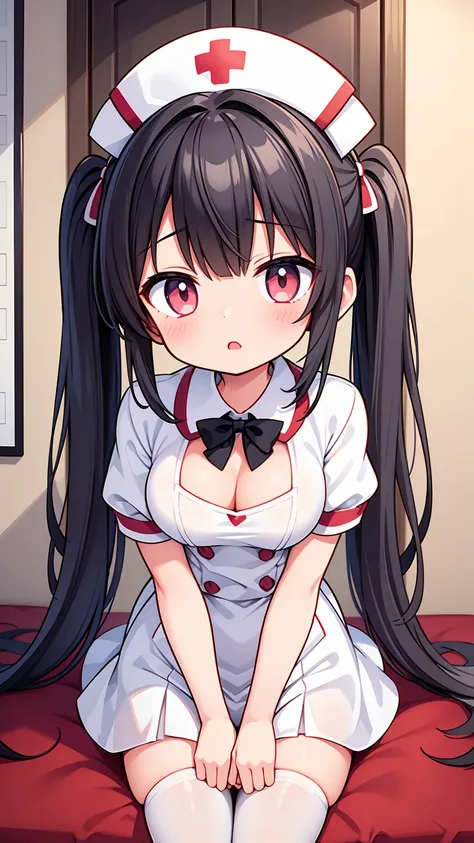 masterpiece, best image quality, ultra high resolution, (loli girl with flat breasts), twin tail hairstyle, black hair, red face, shyly, mock, Open your mouth just a little, (A short-sleeved white nurse uniform that shows the cleavage of a loli girl), (whi...