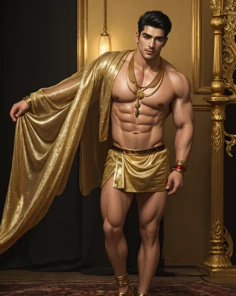 extremely handsome arabia  man, not too muscular, short black  hair, his lithe body barely covered with shimmering gold and white transparent cloths, exposed chest, exposed legs, chunky gold and ruby statement necklace, gold armbands on his biceps, gold fi...