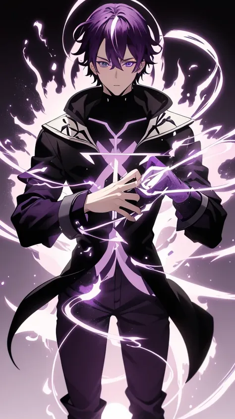 estilo anime, homem jovem espadachim, the purple spell on the left hand, sparks around you, personagem detalhado, detalhes intrincados