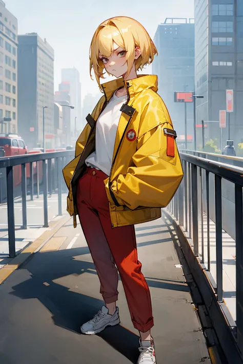 1female, blonde hair, two toned hair, blonde and black hair, short hair, undertone, annoyed expression, casual clothing, baggy jacket, red pants, white undershirt, city background, standing on path, hands to side