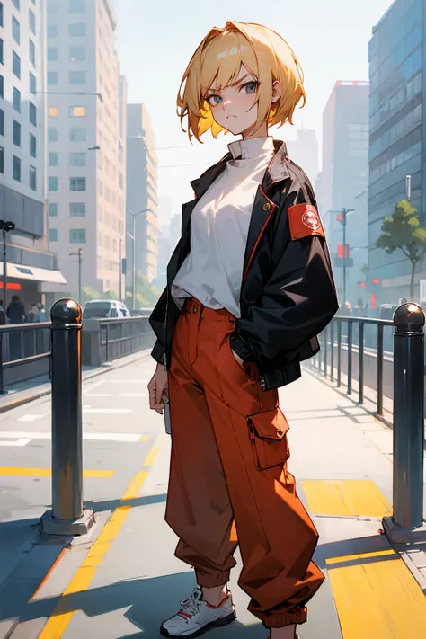 1female, blonde hair, two toned hair, blonde and black hair, short hair, undertone, annoyed expression, casual clothing, baggy jacket, red pants, white undershirt, city background, standing on path, hands to side