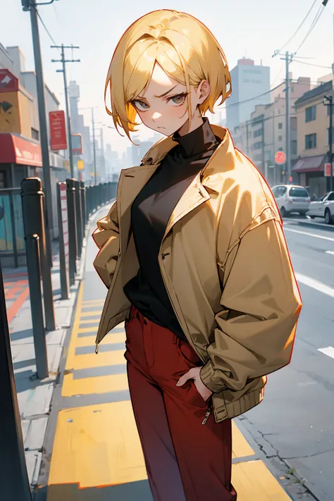 1female, blonde hair, two toned hair, blonde and black hair, short hair, undertone, annoyed expression, casual clothing, baggy jacket, red pants, white undershirt, city background, standing on path, hands to side