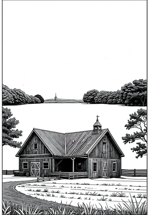 grey and white only, Book page coloring art, All-white background, Use only outlines, line art, coloring book, Clean line art, For coloring Simple and clean line art, coloring book page, perfect symmetric details, Farm Animals: A pastoral scene with horses...